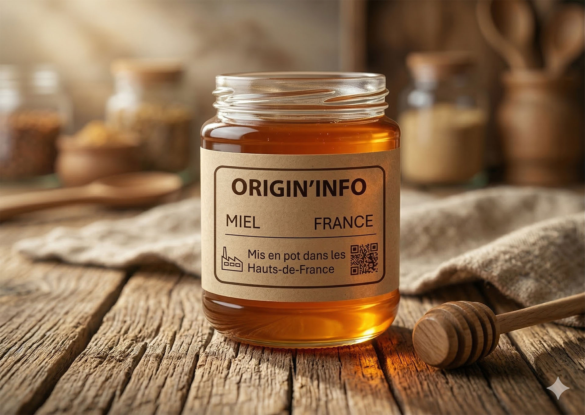 Pot de miel avec QR code sur l'étiquette